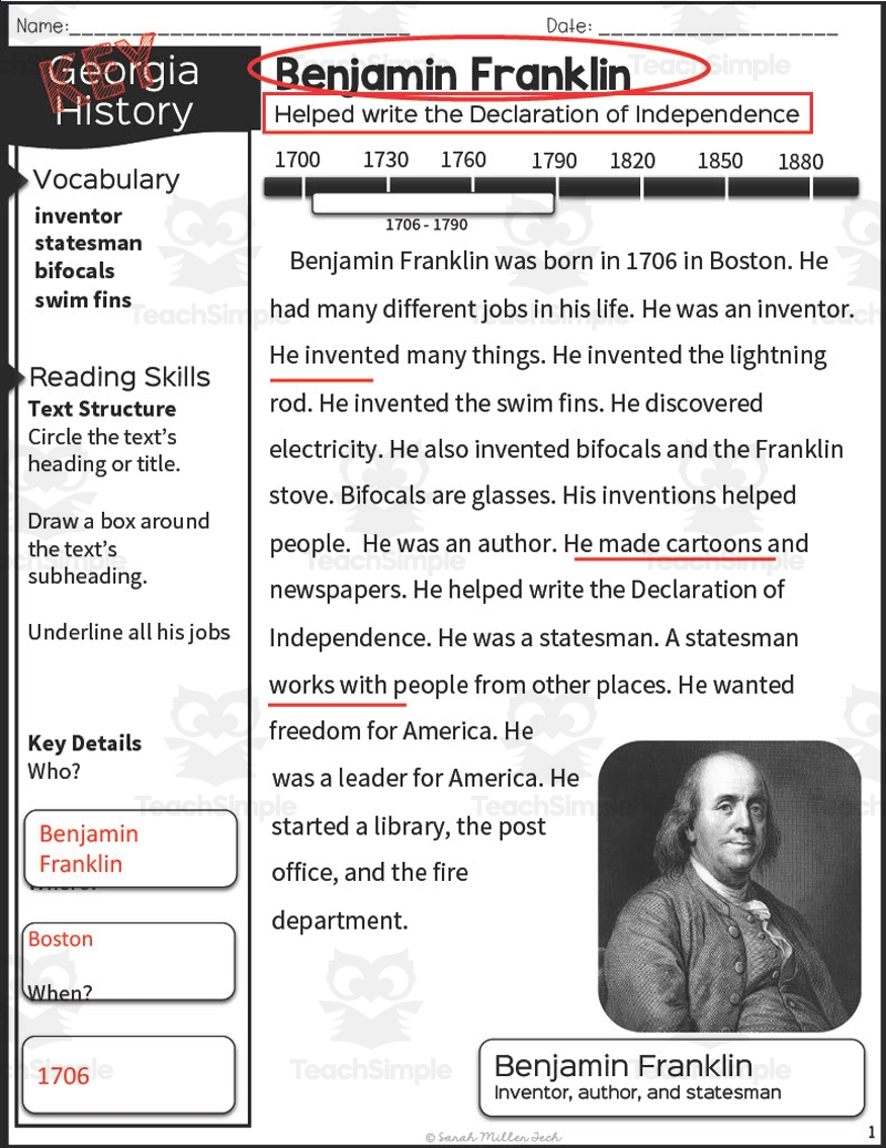 Nonfiction Reading Packet Benjamin Franklin