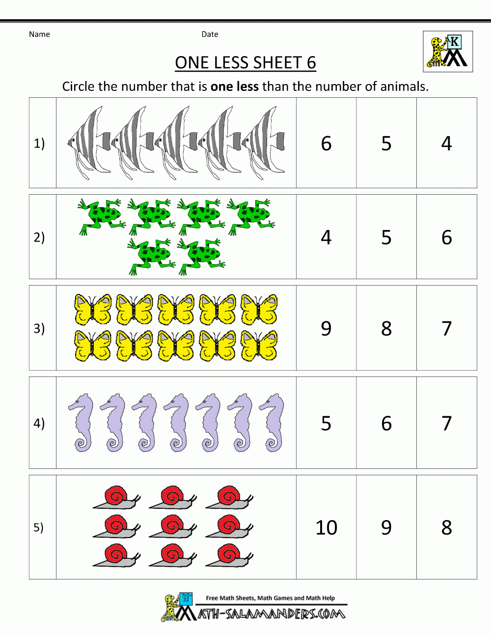 One Less Worksheet