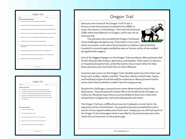 Oregon Trail Reading Comprehension Passage Printable Worksheet Teaching Resources
