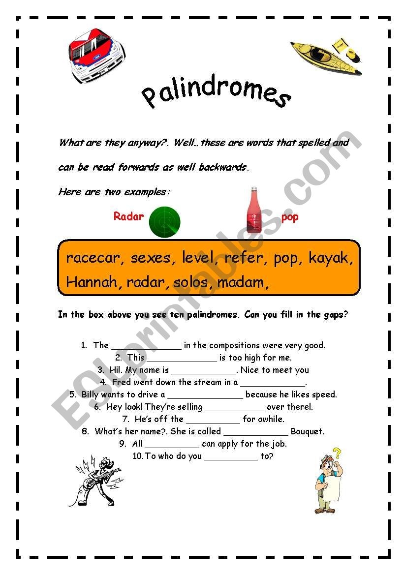 Palindromes ESL Worksheet By Errie
