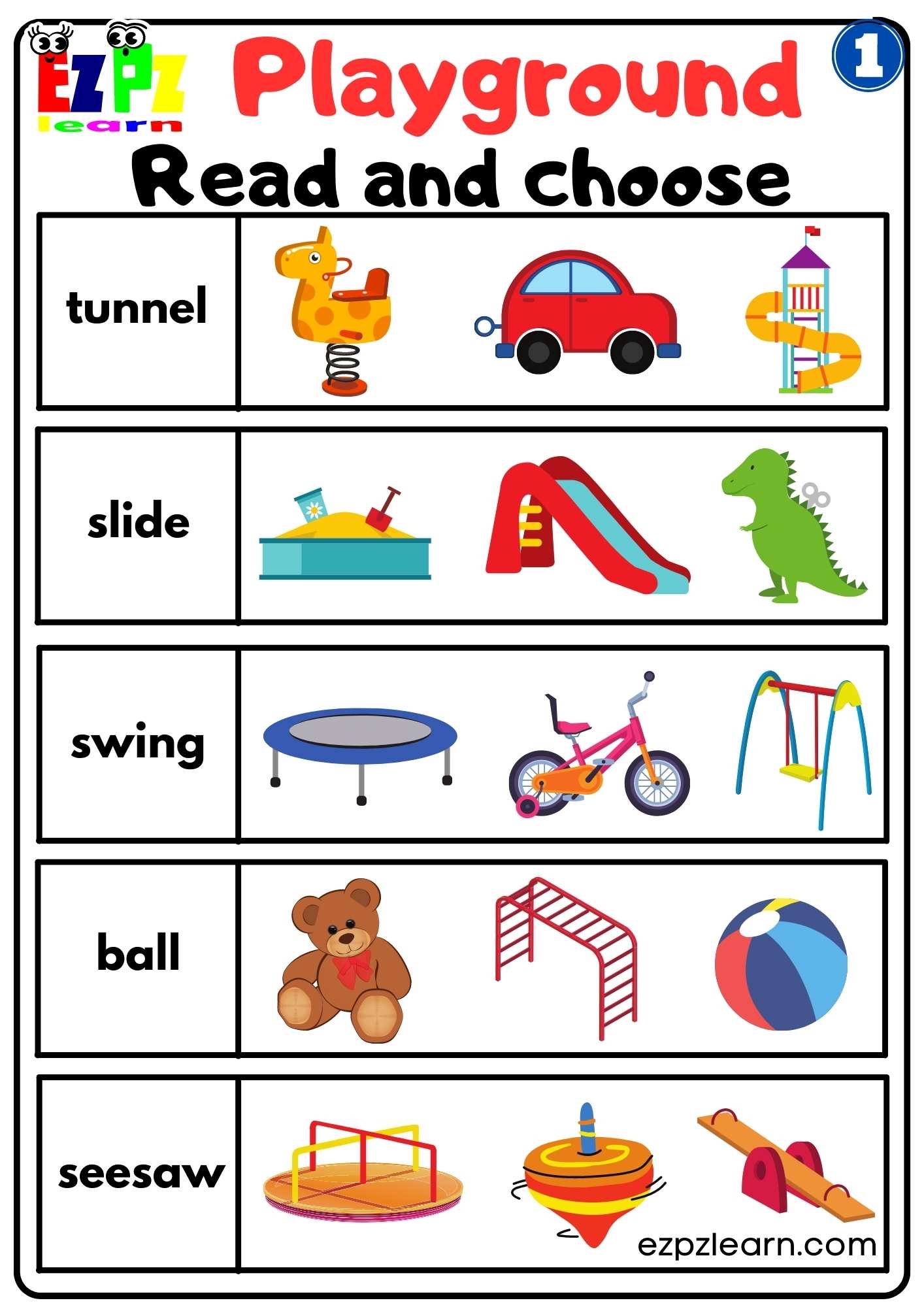 Playground 1 Read And Choose Worksheet For Kindergarten And ESL 