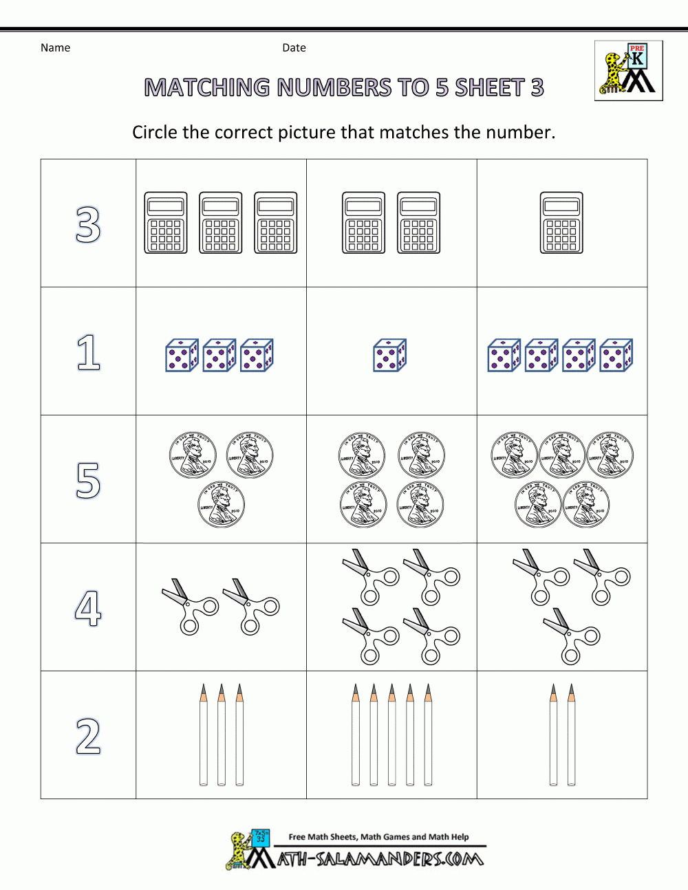 Preschool Math Worksheets Matching To 5 Worksheets Library