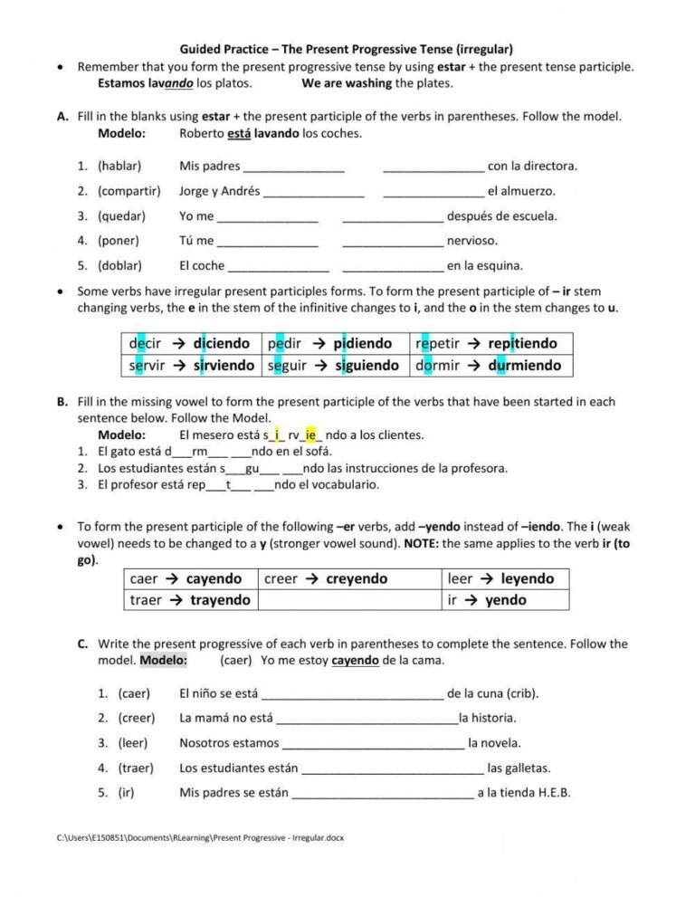 Present Progressive Irregular Guided Practice Worksheet Live 