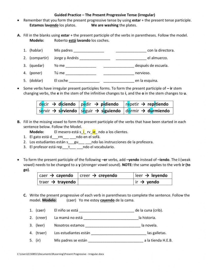 Present Progressive Irregular Guided Practice Worksheet Live
