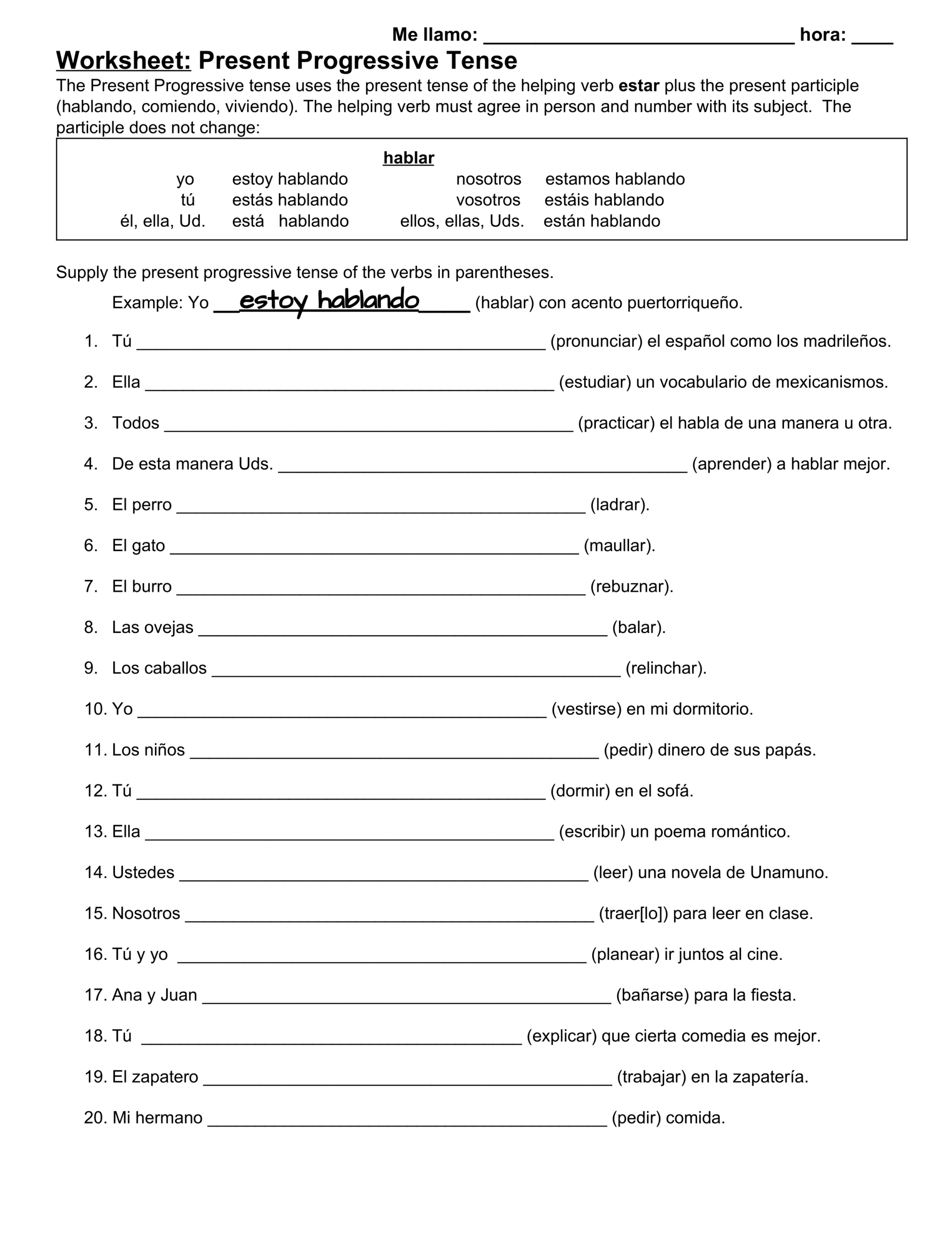 Presente Progresivo Worksheet Spanish Present Progressive Presente Progresivo Worksheet Spanish Present Progressive