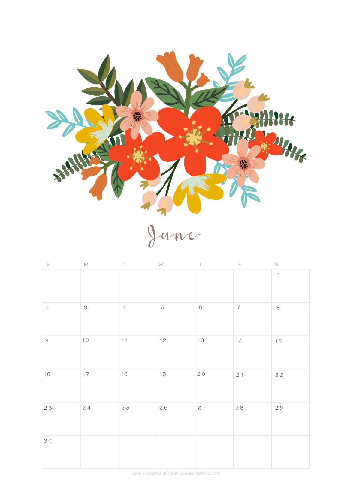 Printable June 2019 Calendar Monthly Planner 2 Designs Flowers U0026 Modern A Piece Of Rainbow