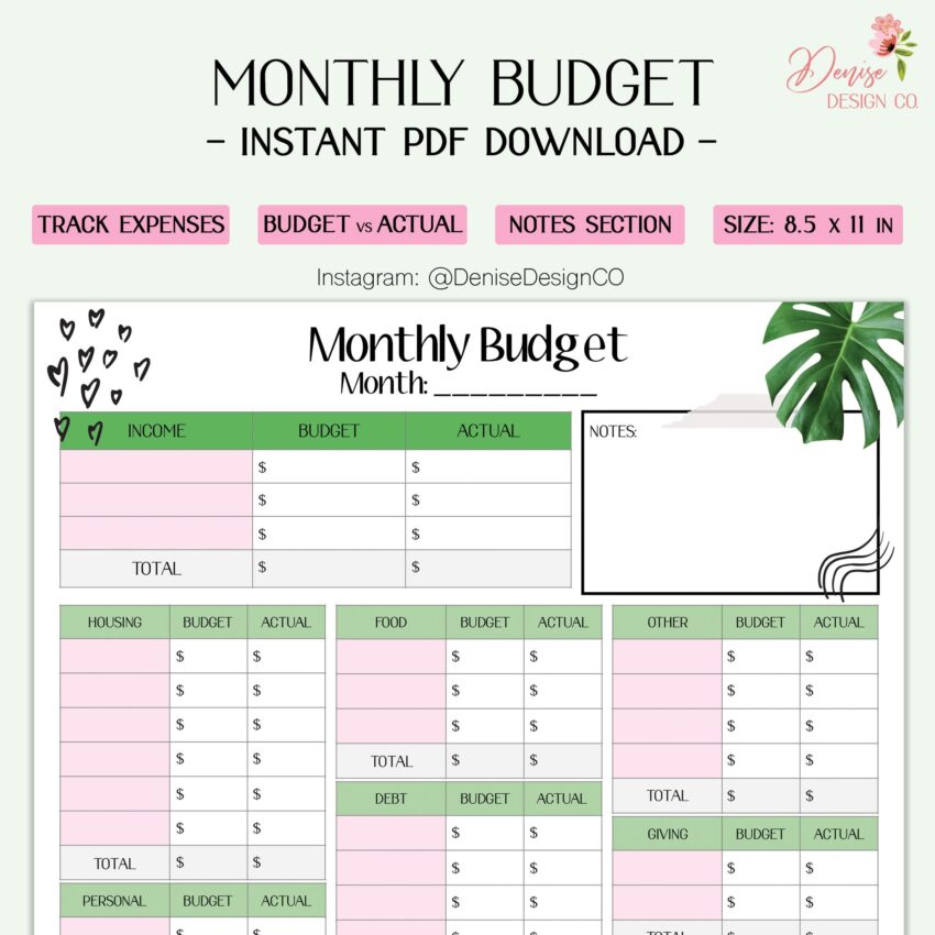 Printable Monthly Budget Sheet Income Budgeted Vs Actual Overview U0026 Notes Doodle Print Etsy