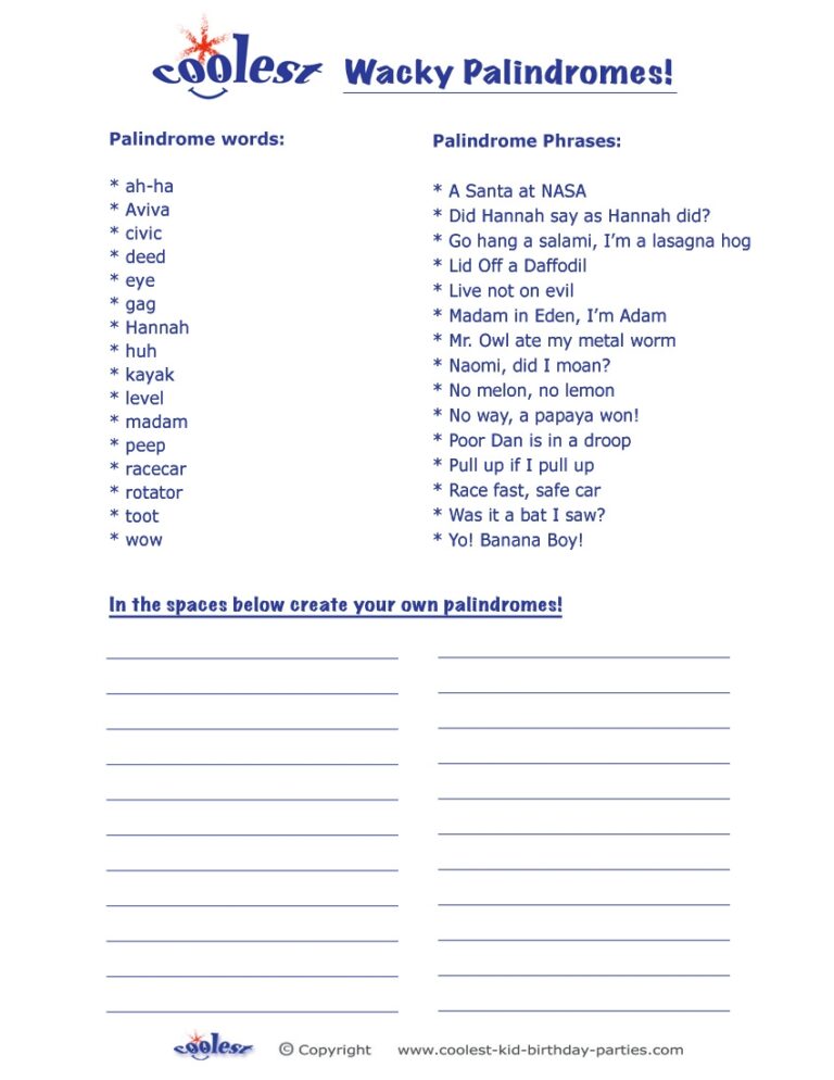 Printable Palindromes Coolest Free Printables