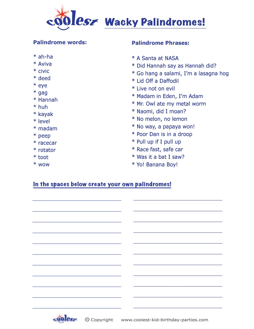 Printable Palindromes Coolest Free Printables