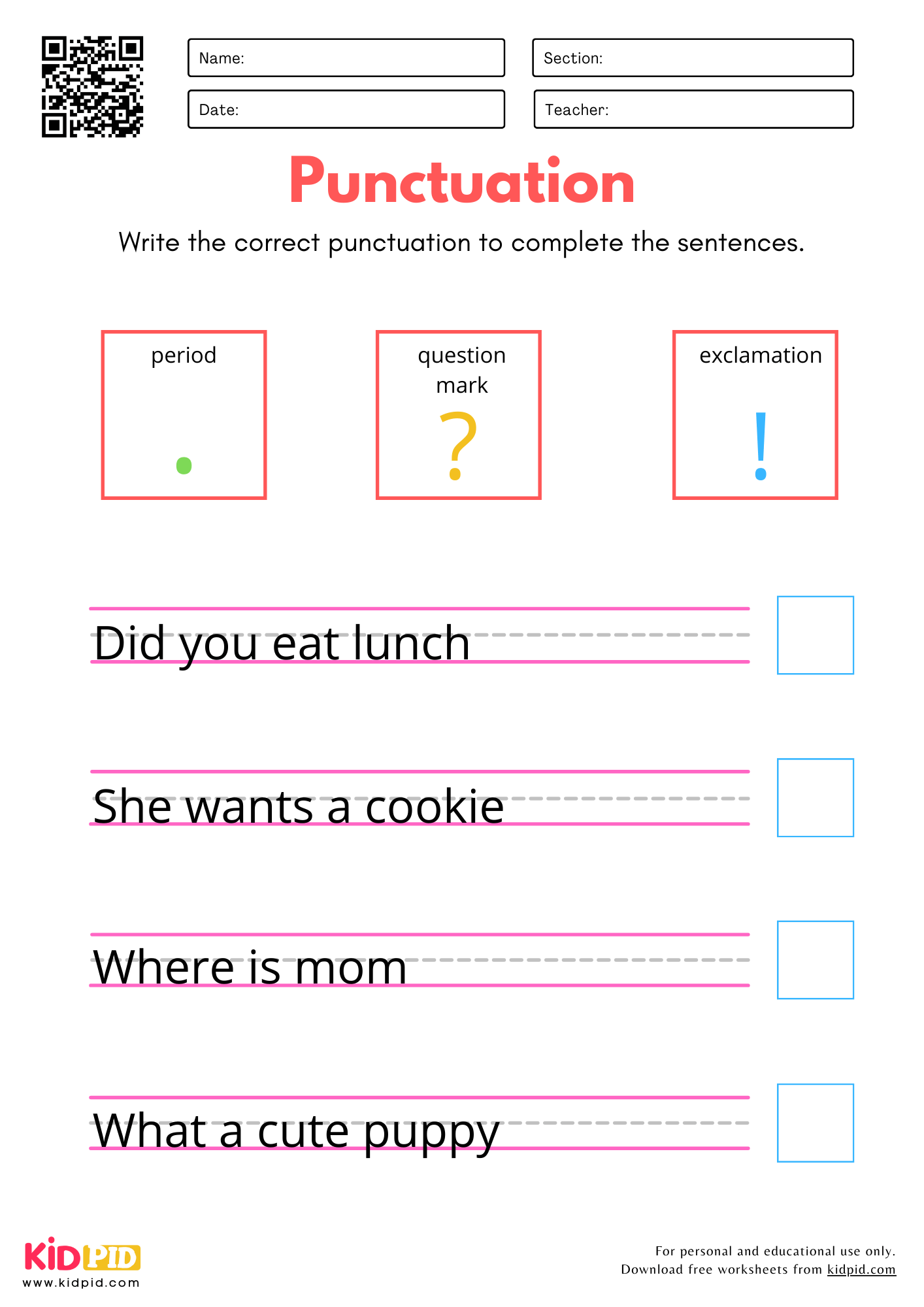 Free Printable Puncuation Worksheets