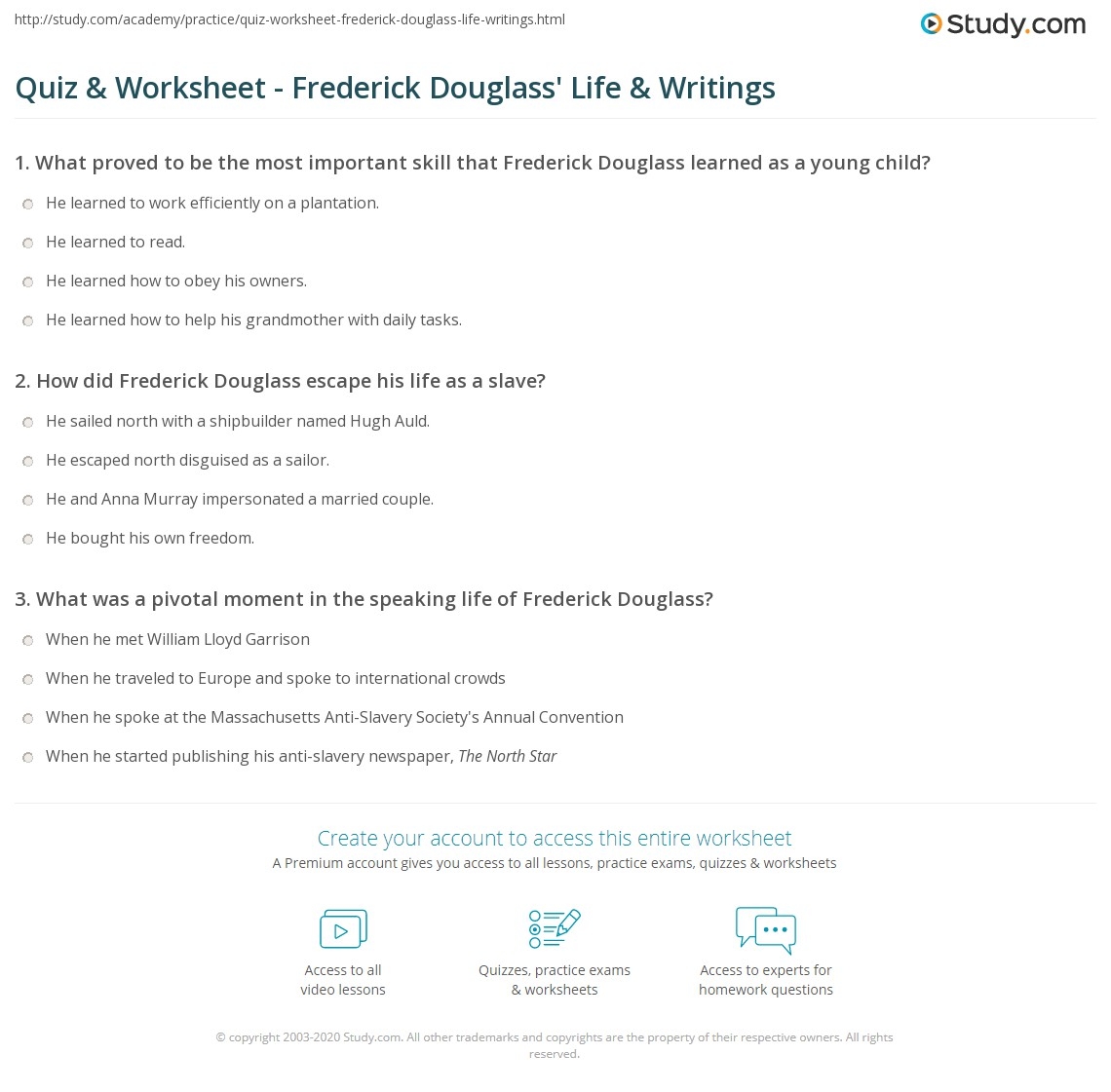 Quiz U0026 Worksheet Frederick Douglass Life U0026 Writings Study