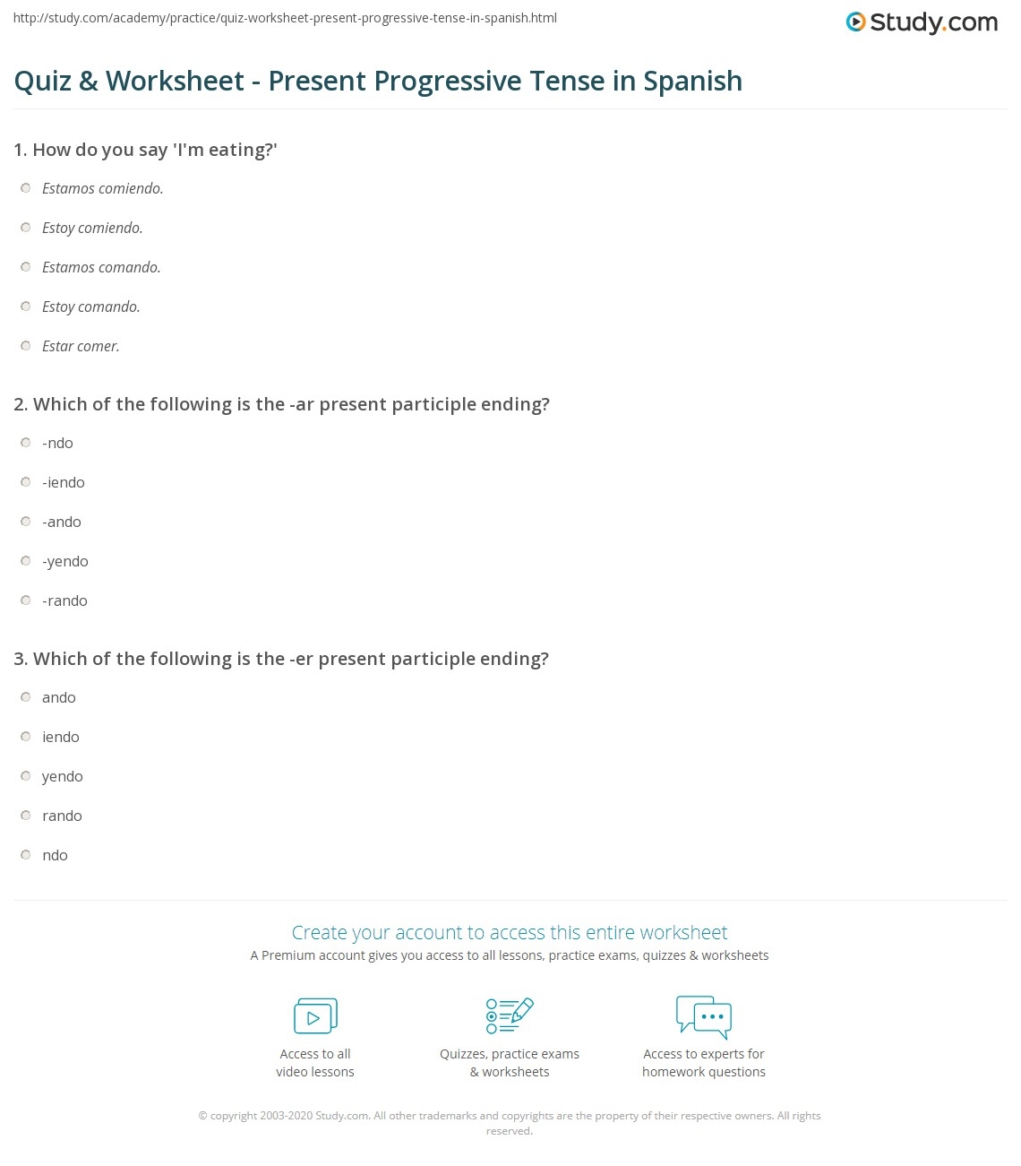 Quiz U0026 Worksheet Present Progressive Tense In Spanish Study Quiz U0026 Worksheet Present Progressive Tense In Spanish Study