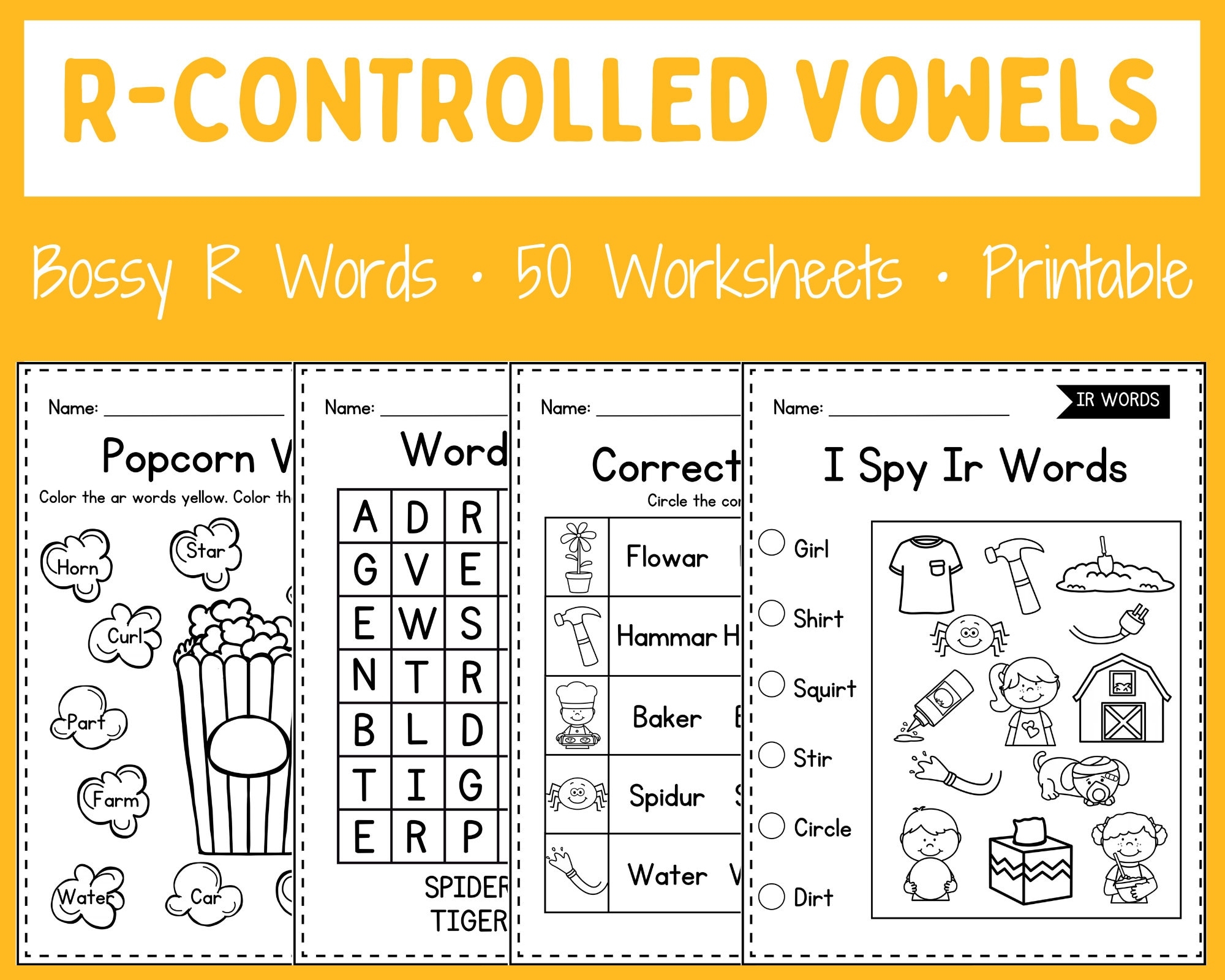 R Controlled Vowels Worksheets Bossy R Bundle Printable Instant Download Etsy
