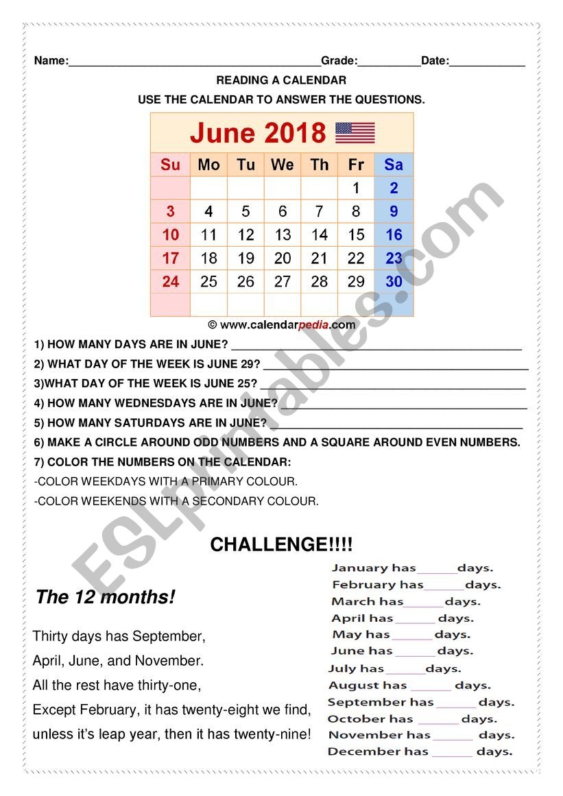 Reading A Calendar ESL Worksheet By 0042638