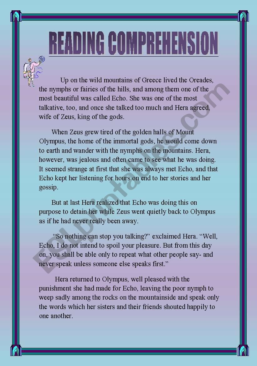 Reading Comprehension A Greek Myth ESL Worksheet By Kim82 Reading Comprehension A Greek Myth ESL Worksheet By Kim82