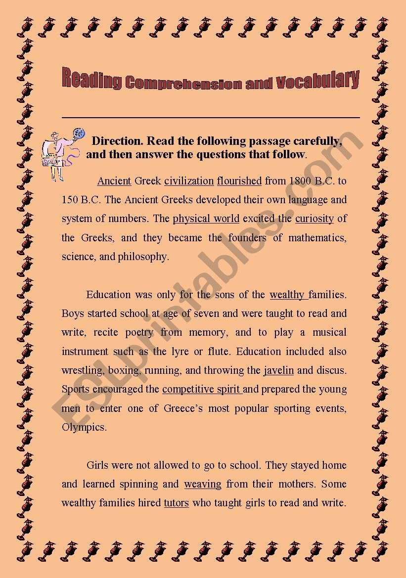 Reading Comprehension Ancient Greek Civilization ESL Worksheet 