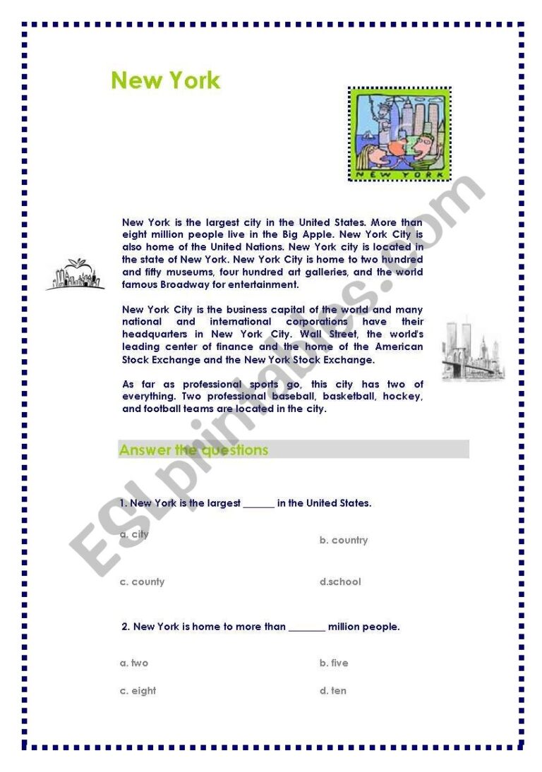 Reading Comprehension NEW YORK ESL Worksheet By SUPERBUBBLE