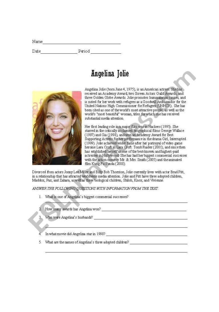 Reading Comprehension Prompt Celebrity Angelina Jolie ESL Worksheet By Milama
