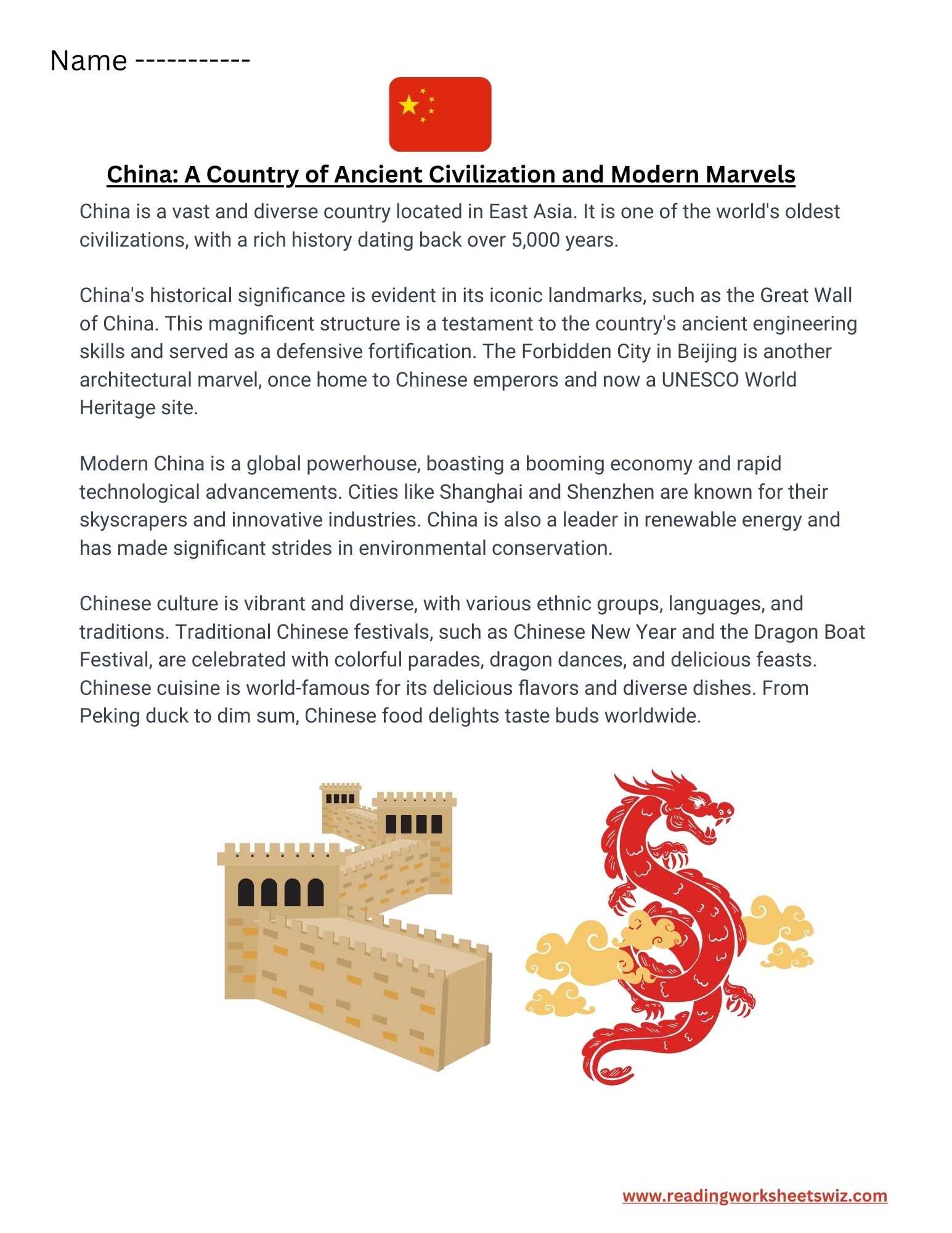 Reading Comprehension Worksheet China A Country Of Ancient 