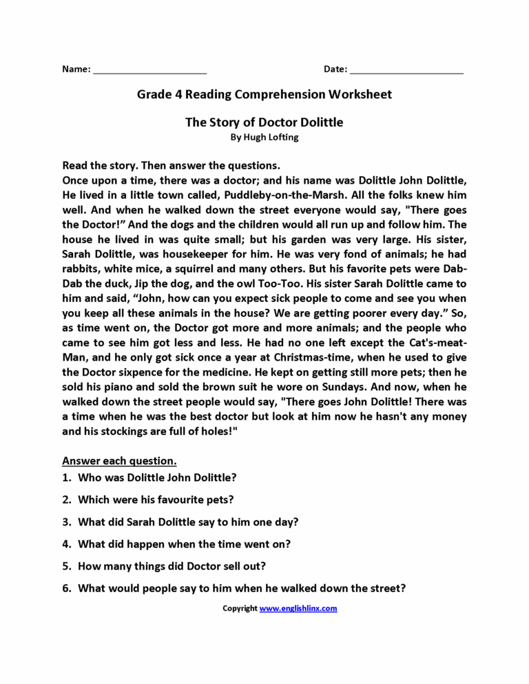 Reading Worksheets Fourth Grade Reading Worksheets
