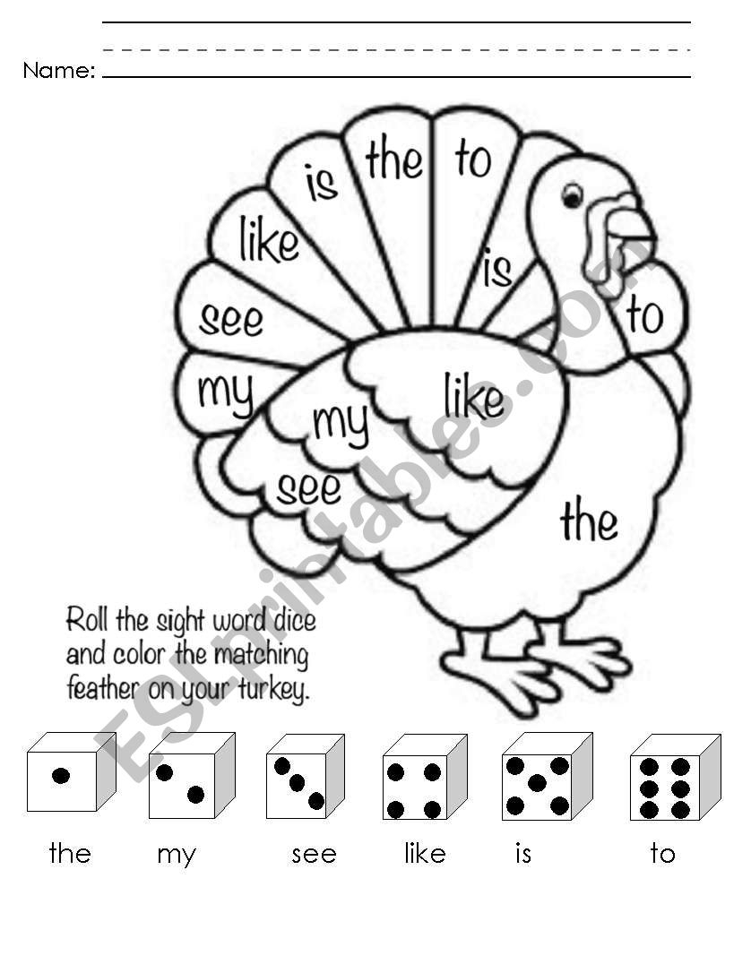 Sight Word Turkey ESL Worksheet By Greatdanz