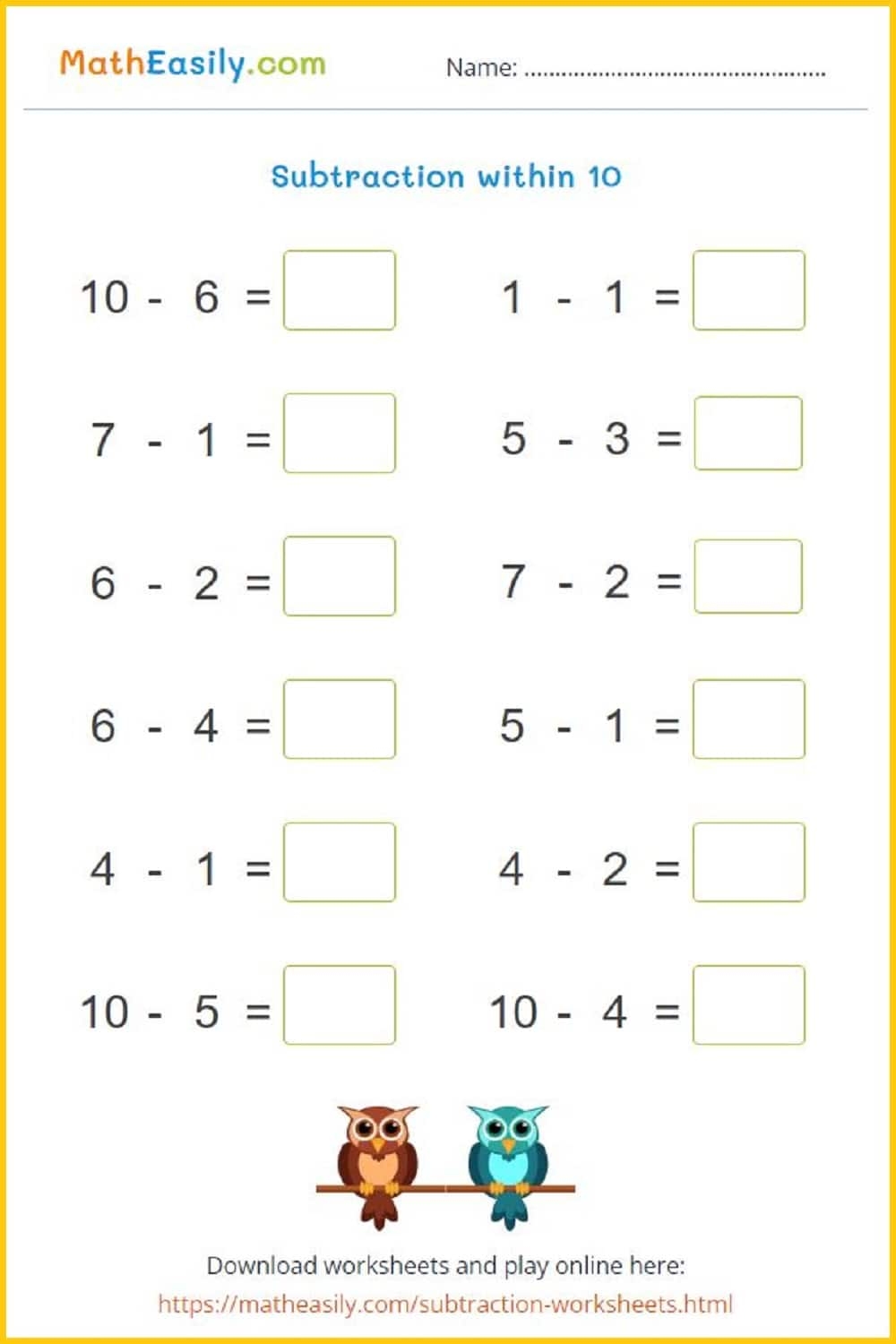 Single Digit Subtraction Within 10 Games Worksheets