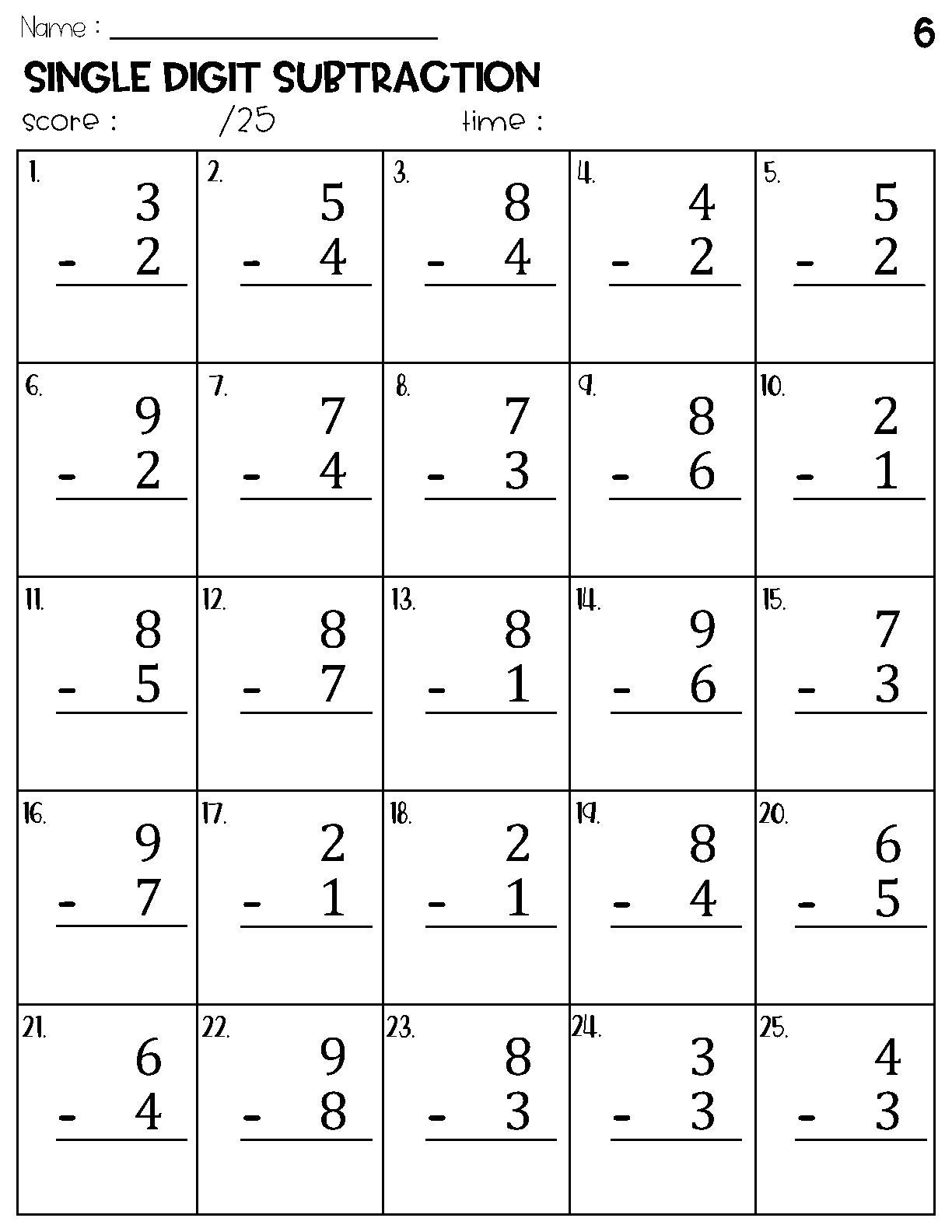 Single Digit Subtraction Worksheets Instant Download Etsy