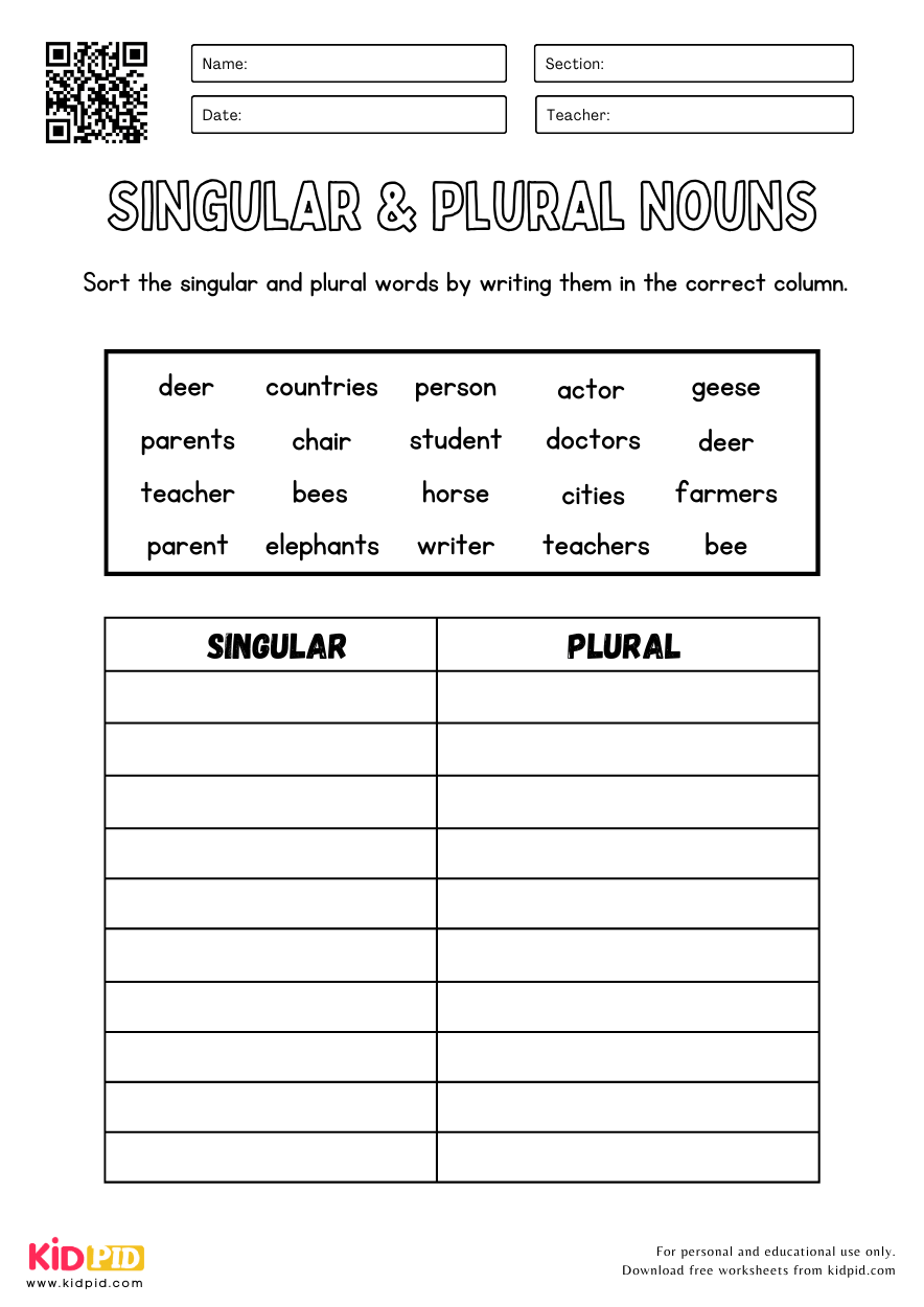 Free Printable Irregular Plural Nouns Worksheet
