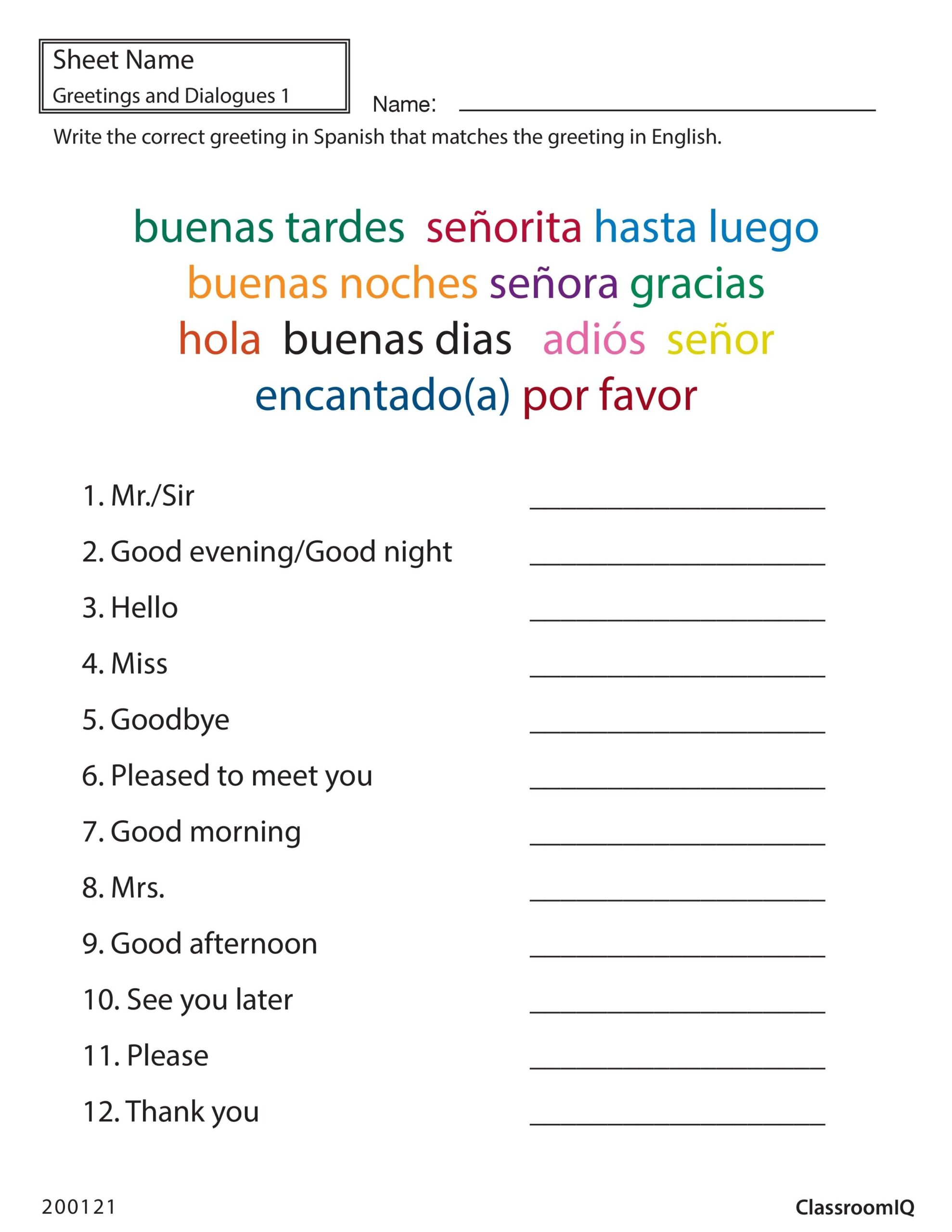 Spanish Greetings Worksheet Practice Essential Spanish Phrases