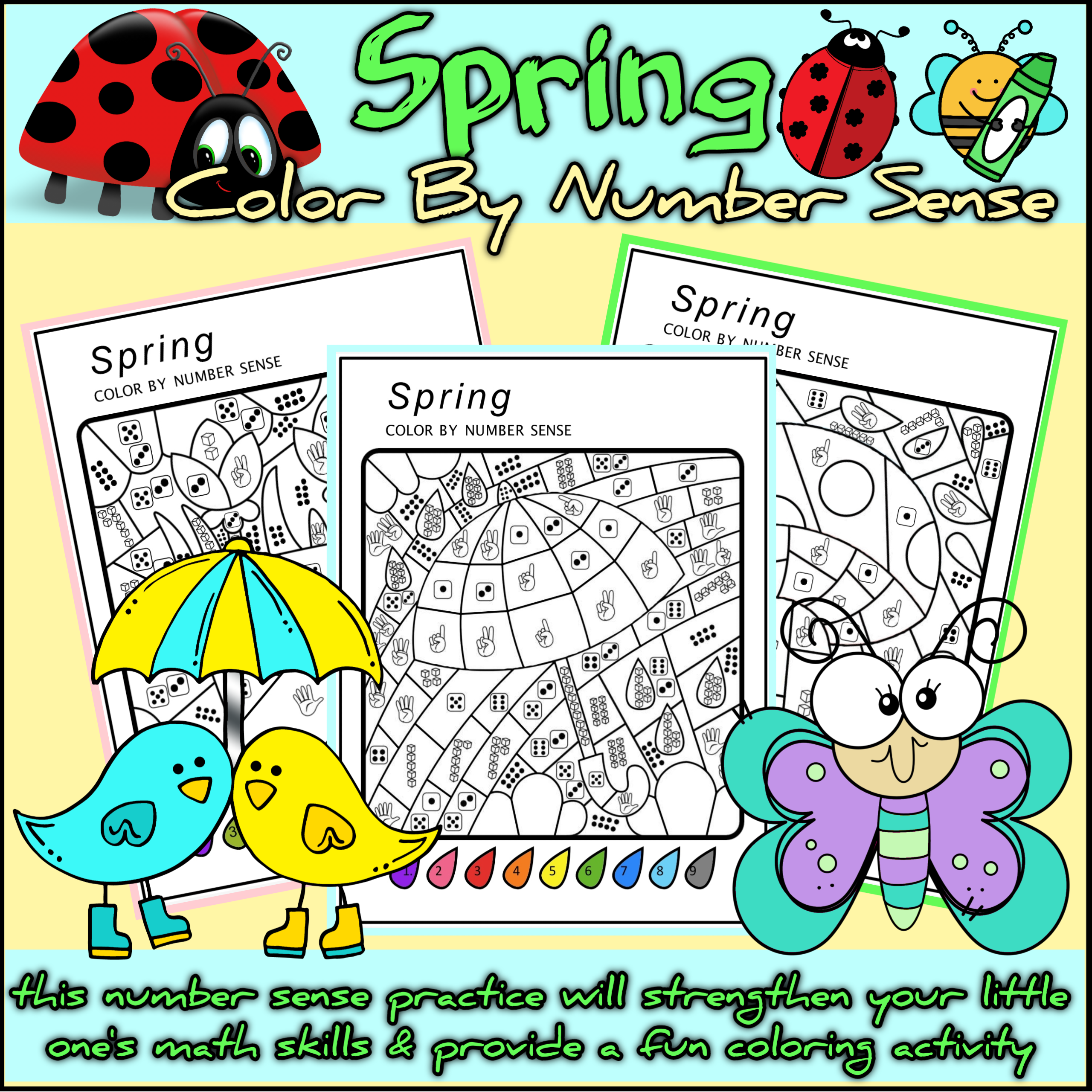 Spring Colour By Number Math Sense Activities Worksheets For Kindergarten 1st Grades Colouring Pages Teaching Resources