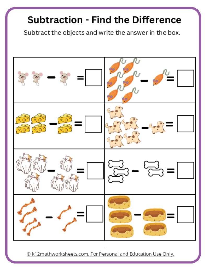 Free Printable Kindergarten Subtraction Worksheets