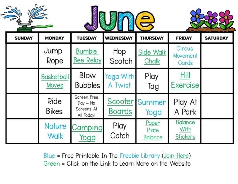 Summer Gross Motor Planning Printable Summer Activity Calendars Pink Oatmeal