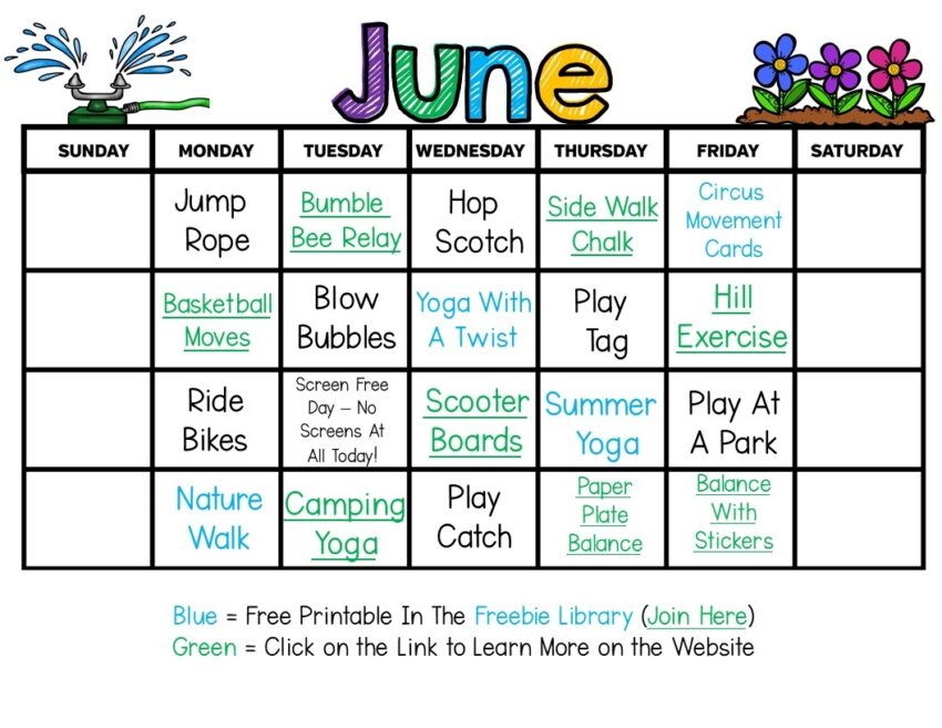 Summer Gross Motor Planning Printable Summer Activity Calendars Pink Oatmeal
