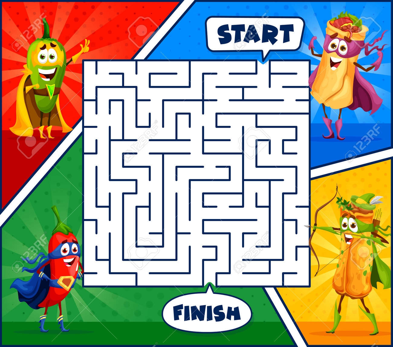 Superhero Cartoon Mexican Tex Mex Food Characters In Labyrinth Maze Kids Vector Worksheet With Super Hero Jalapeno Pepper Burrito And Enchilada Personages Find Correct Path Children Riddle Test Royalty Free SVG Cliparts Superhero Cartoon Mexican Tex Mex Food Characters In Labyrinth Maze Kids Vector Worksheet With Super Hero Jalapeno Pepper Burrito And Enchilada Personages Find Correct Path Children Riddle Test Royalty Free SVG Cliparts