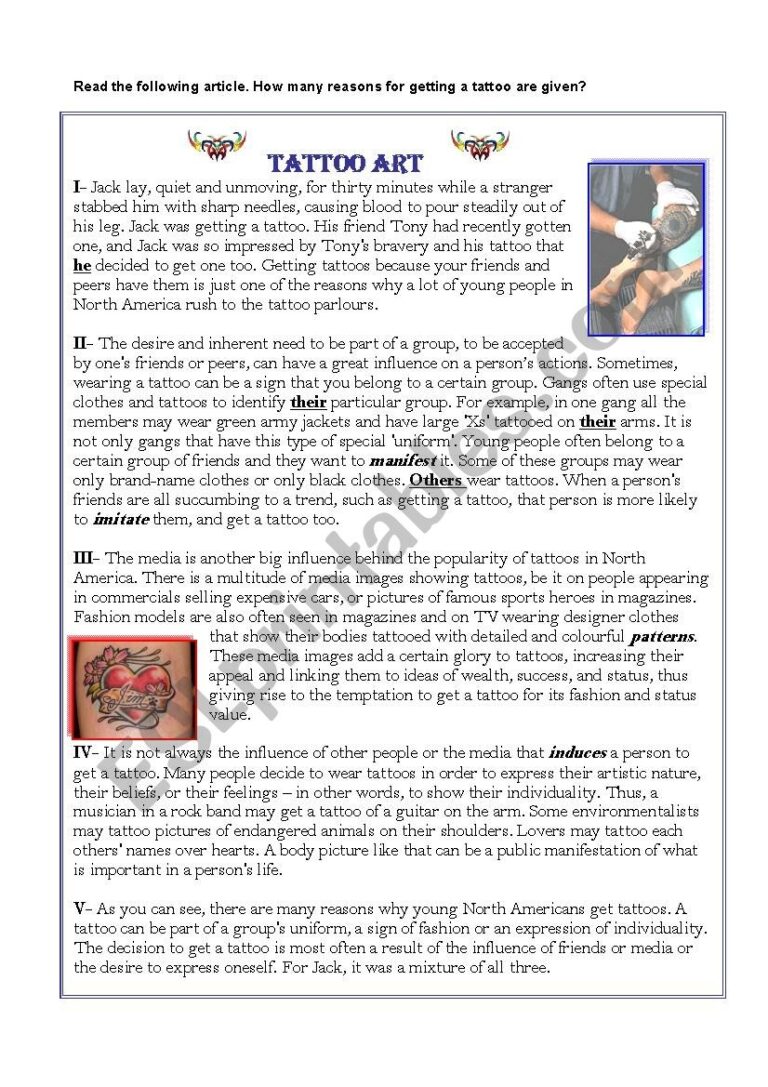 Tattoos Reading Comprehension Article ESL Worksheet By Dzheleva