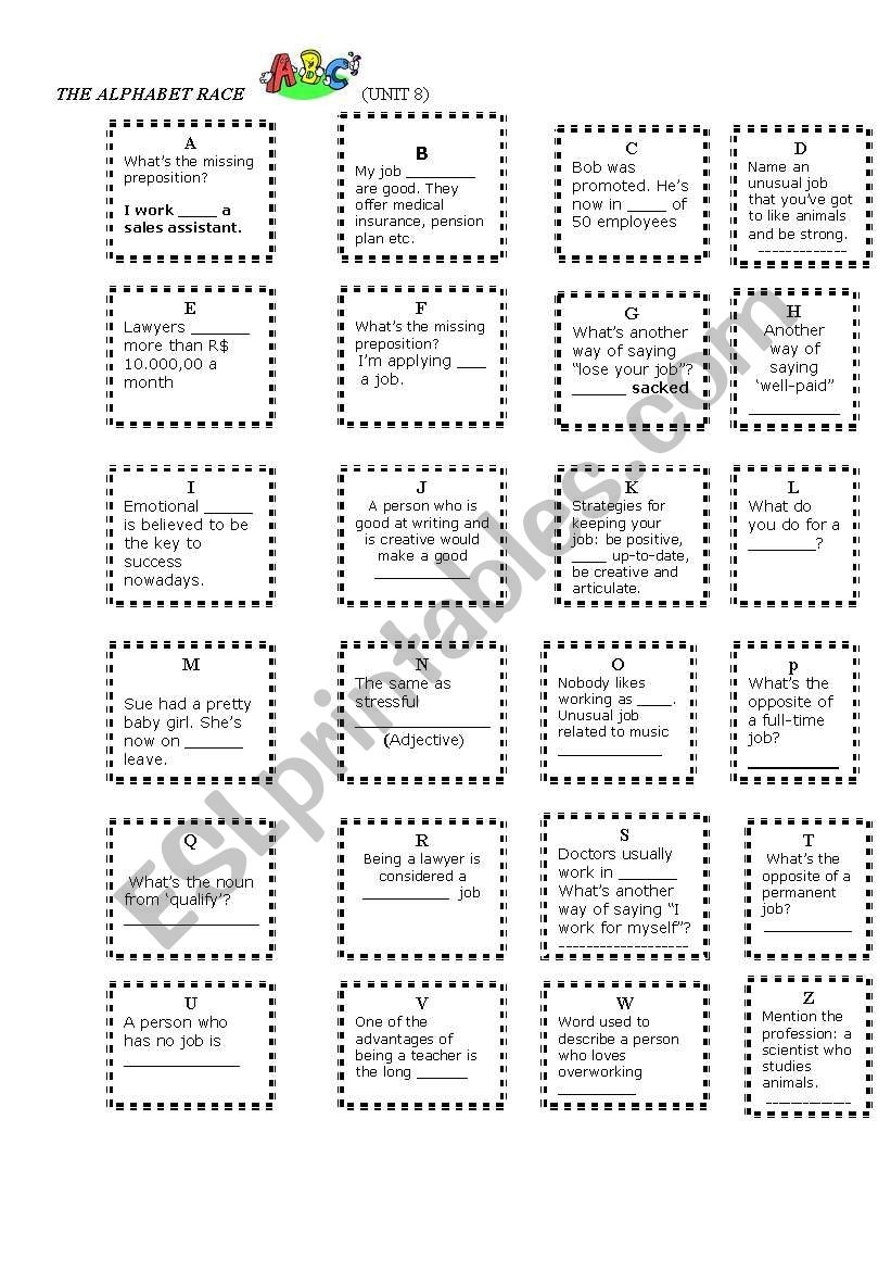 Tha Alphabet Race Job Vocabulary Game ESL Worksheet By Reggie Tha Alphabet Race Job Vocabulary Game ESL Worksheet By Reggie