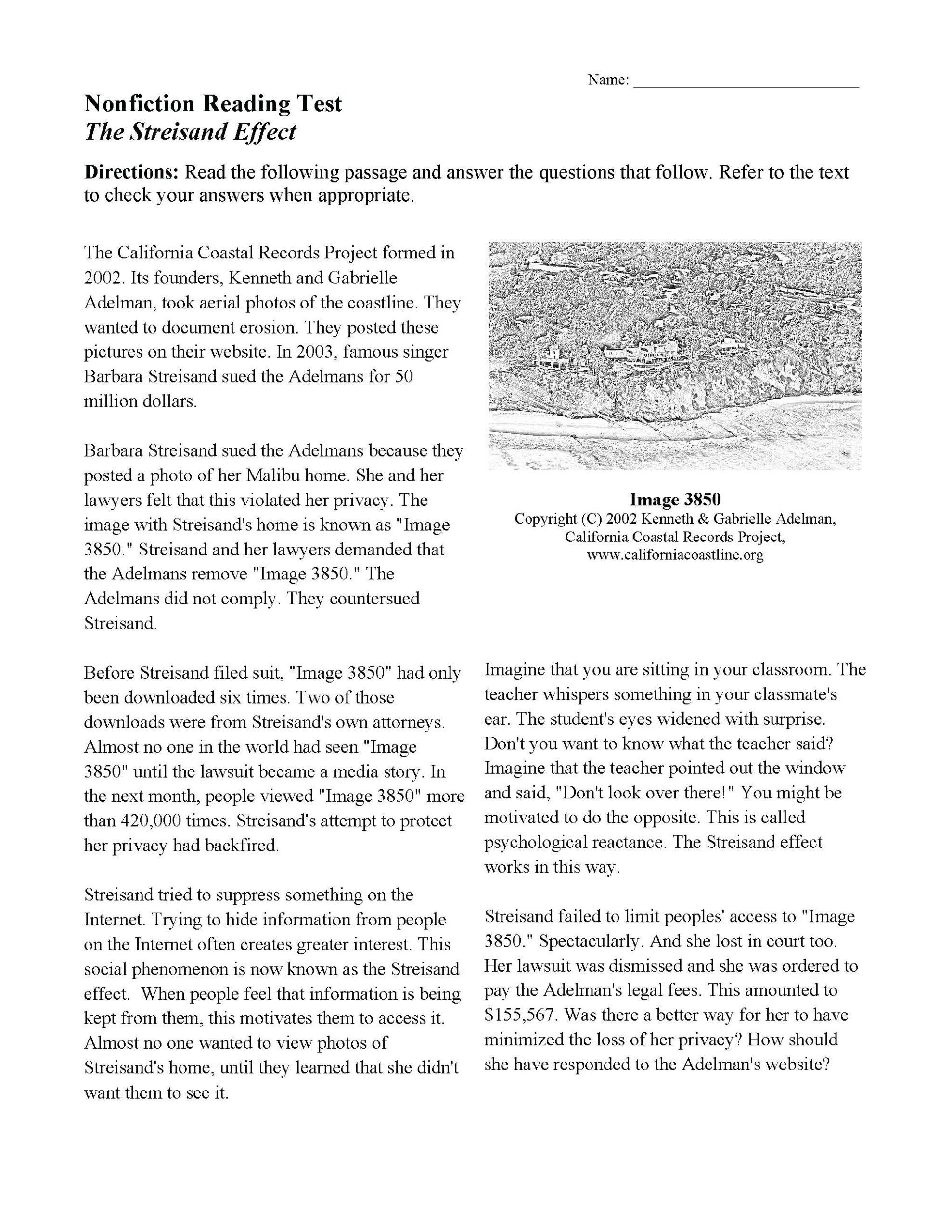 Nonfiction Reading Comprehension Worksheets 6th Grade
