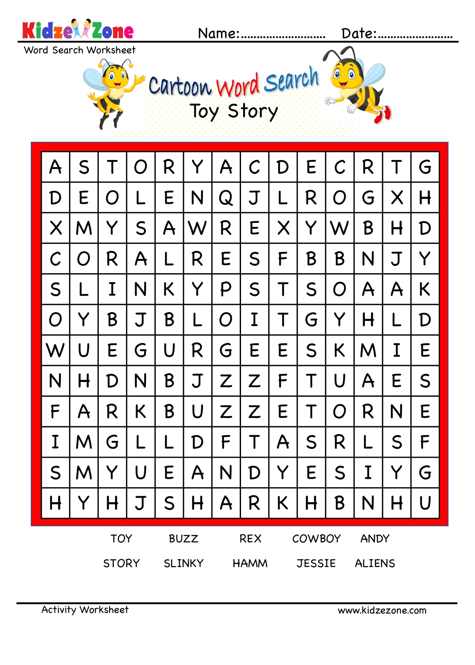 Toy Story Cartoon Word Search Worksheet KidzeZone Worksheets Library
