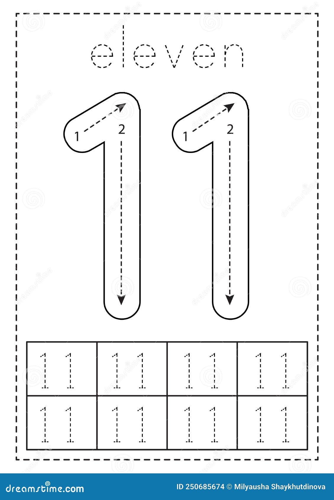Tracing Number Eleven Preschool Worksheet Black And White Stock 