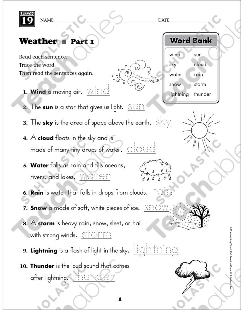 Weather Content Words Grade 1 Vocabulary Printable Skills Sheets Worksheets Library