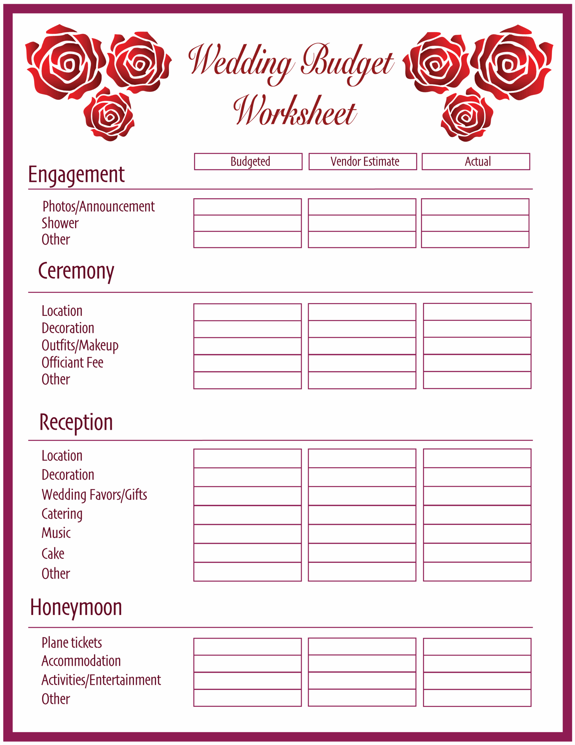Free Wedding Budget Worksheet Printable
