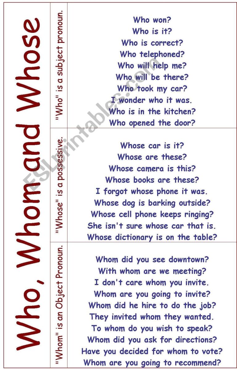 Who Whom And Whose ESL Worksheet By Mrsabirqureshi Worksheets 