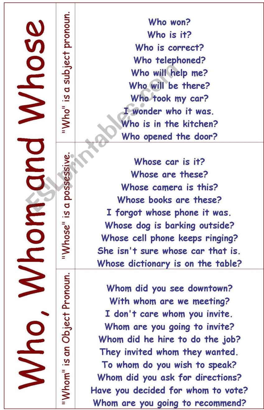 Who Whom And Whose ESL Worksheet By Mrsabirqureshi Worksheets