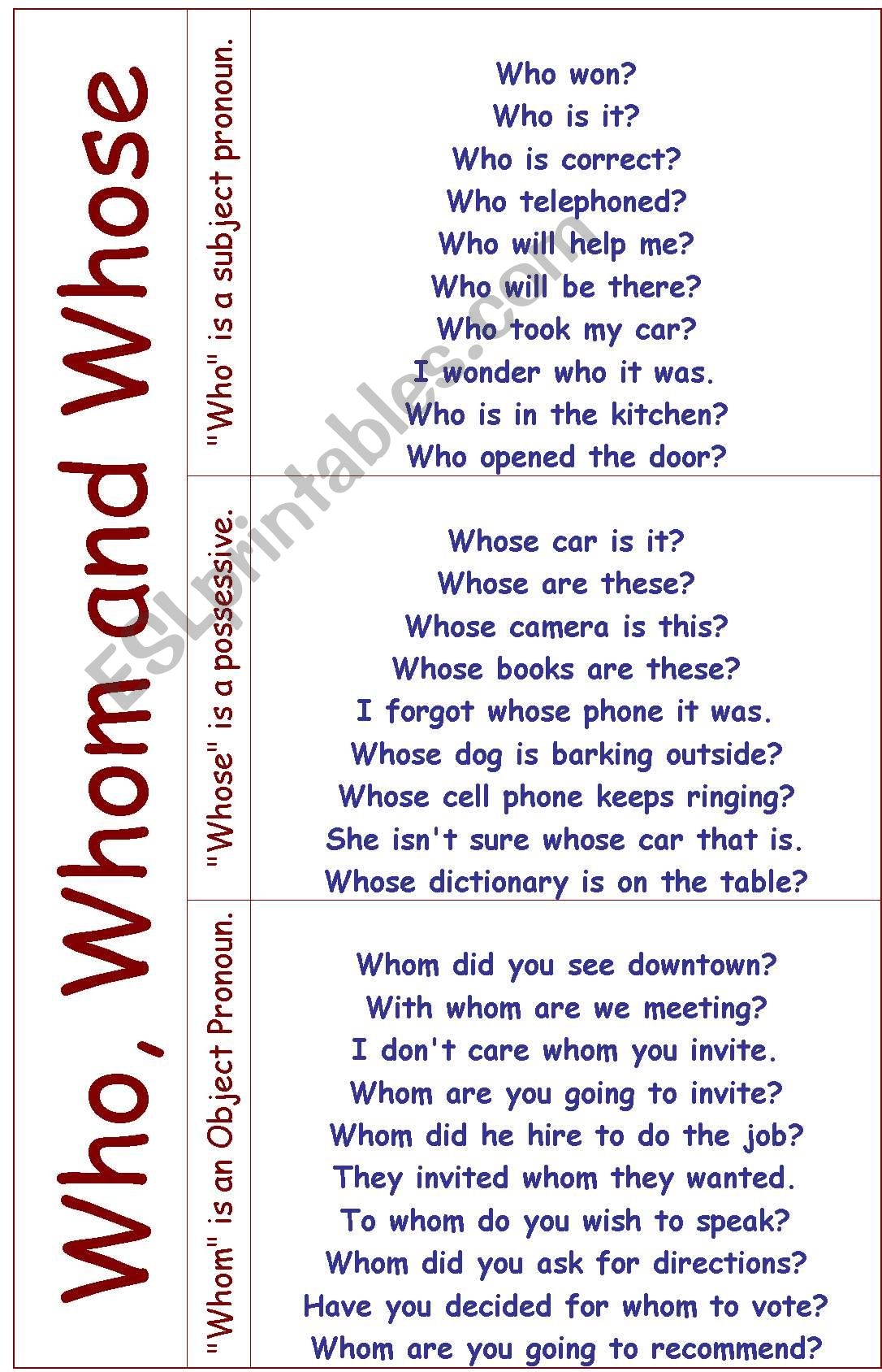 Who Whom And Whose ESL Worksheet By Mrsabirqureshi Worksheets 