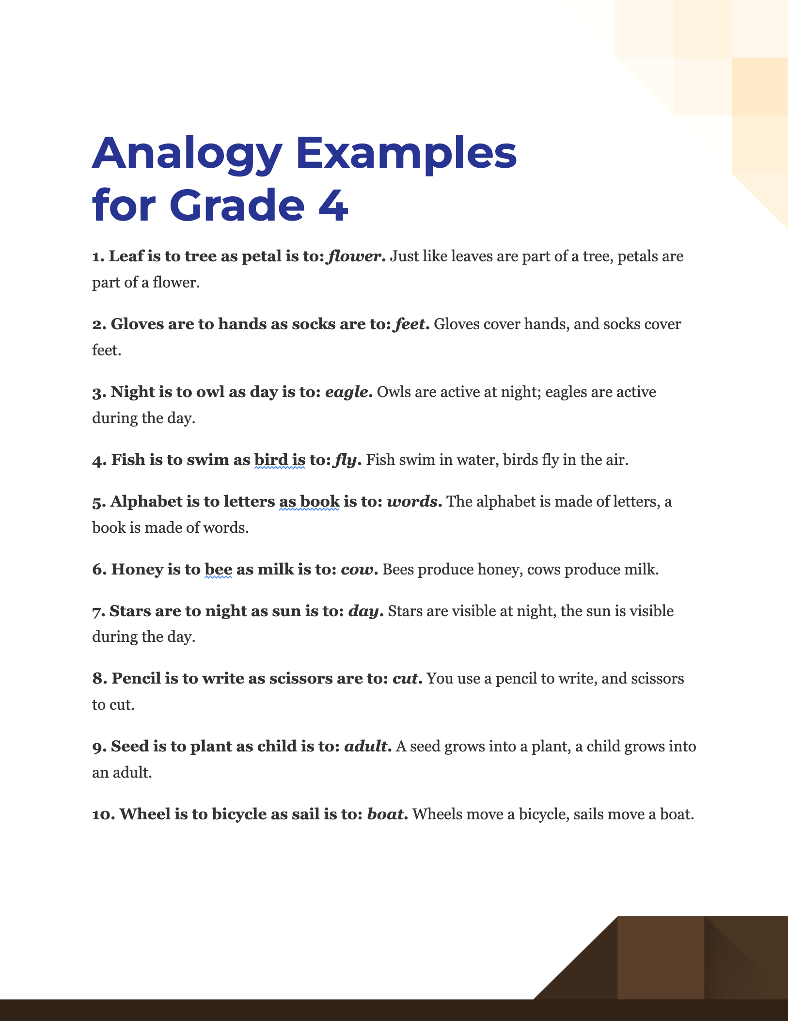 Free Analogy Worksheets For Fourth Grade