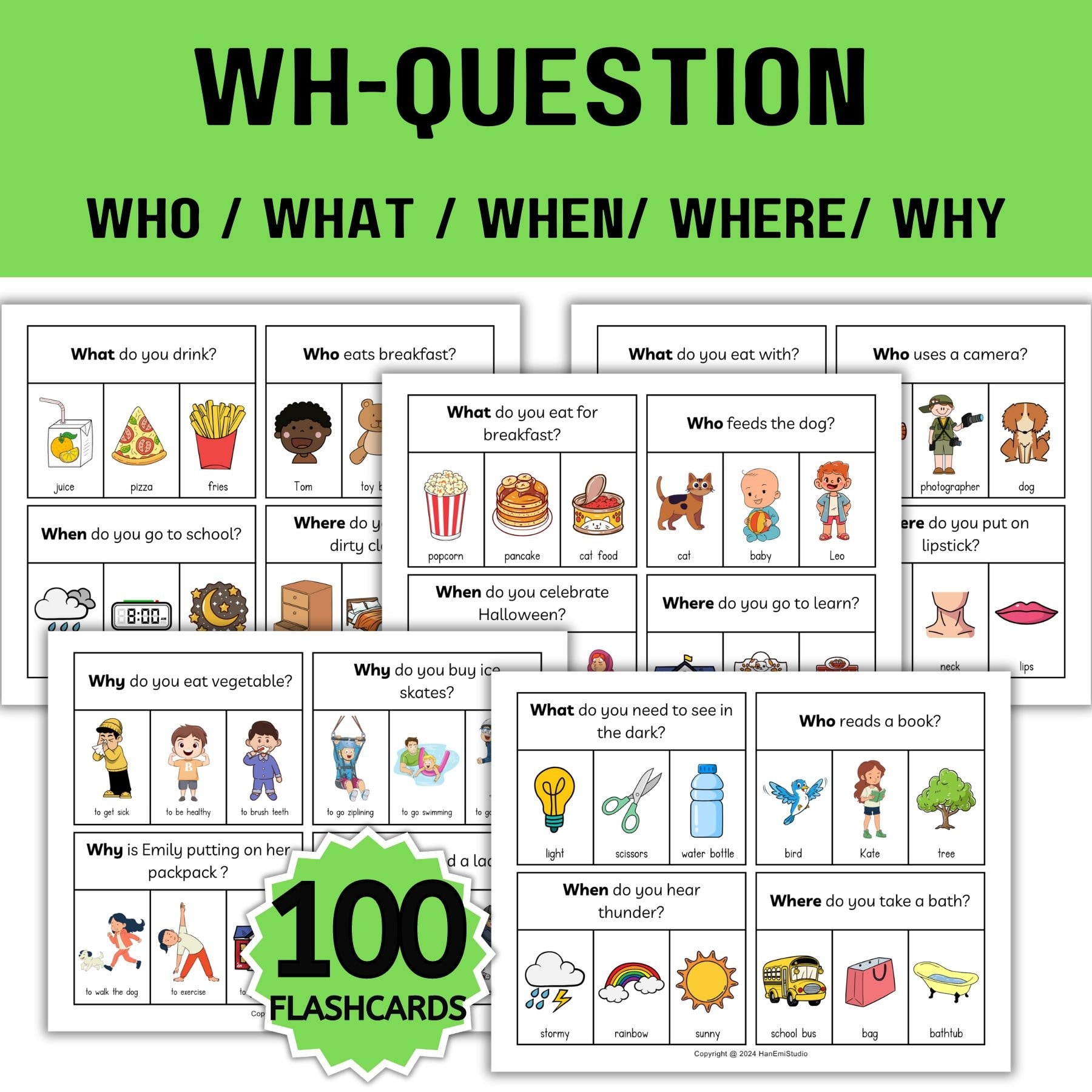 100 WH Question Flash Cards WH Questions Speech Therapy Task Cards Printable Speech Therapy Resource Functions Task Cards Etsy