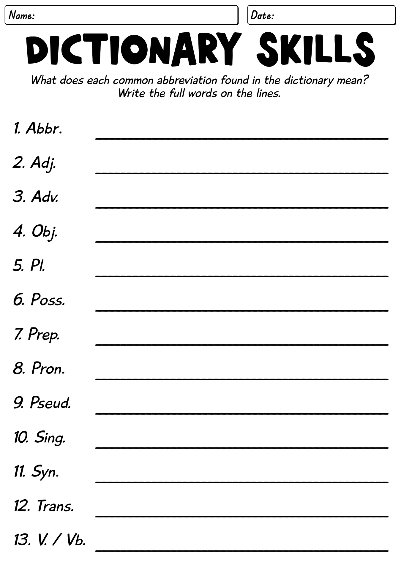 Printable Dictionary Practice Worksheets