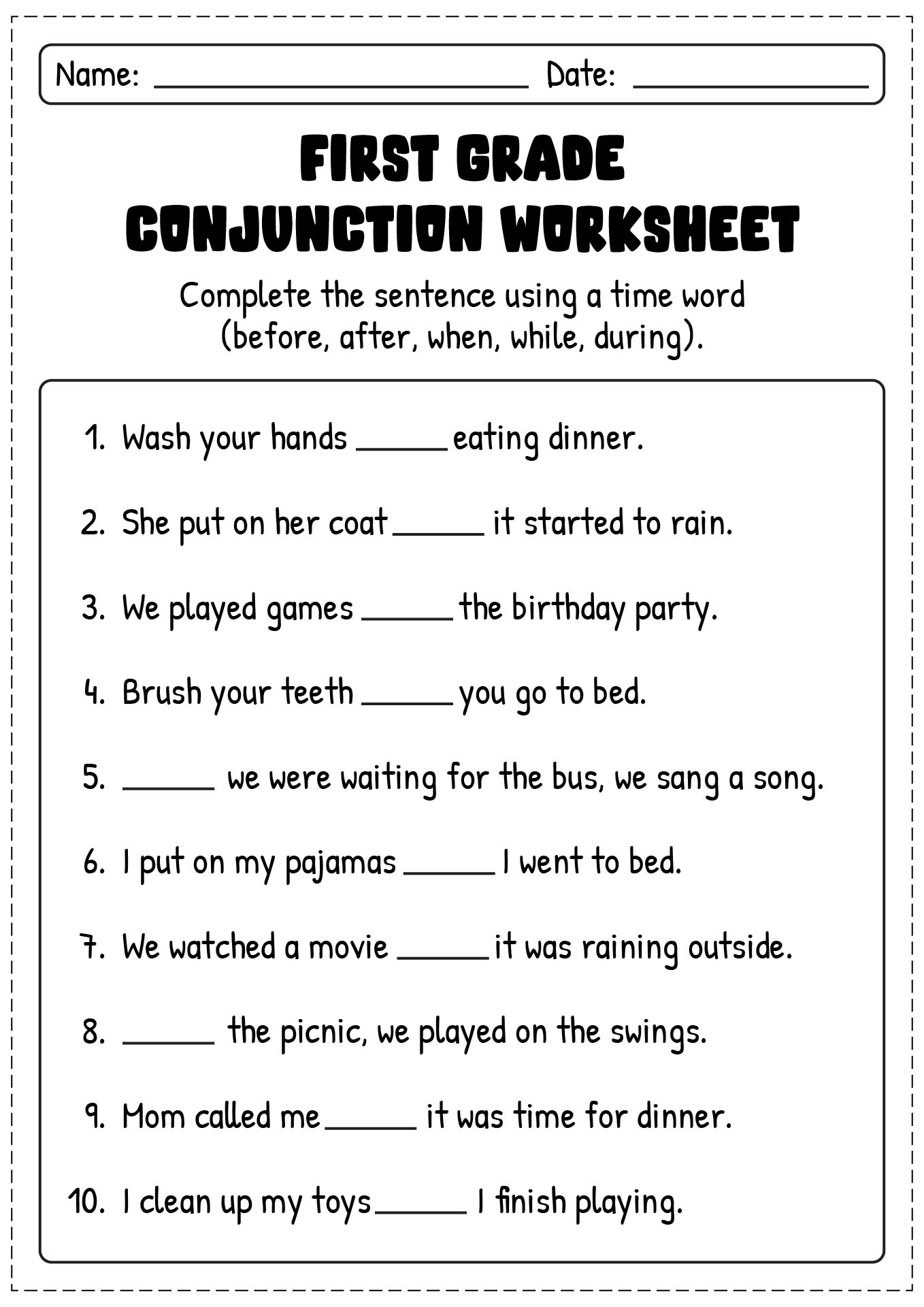 Conjunctions Worksheet First Grade Free