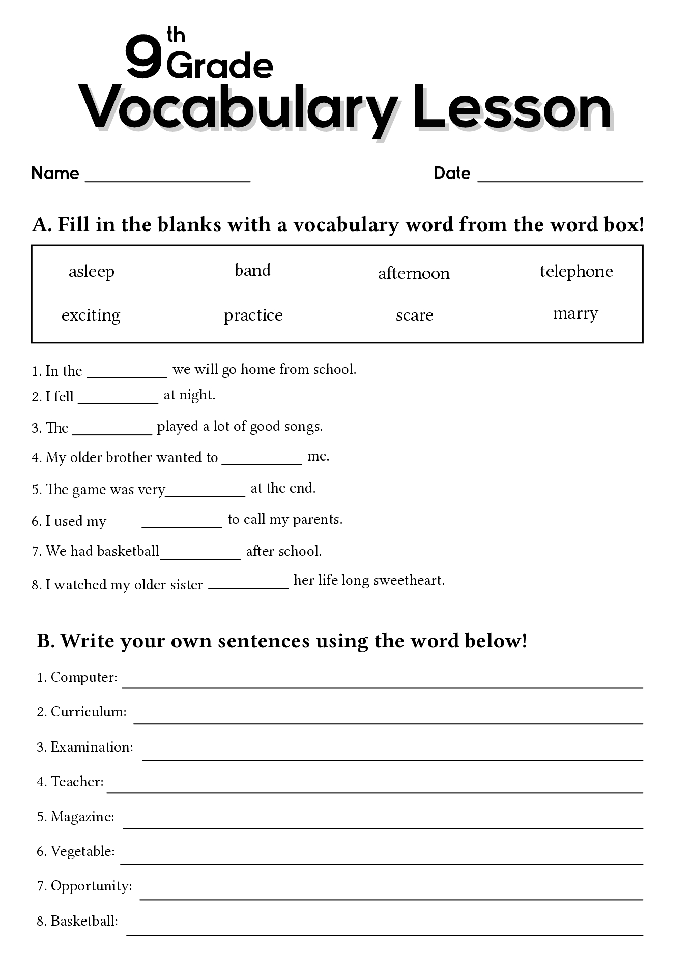 Free Ninth Grade English Worksheets