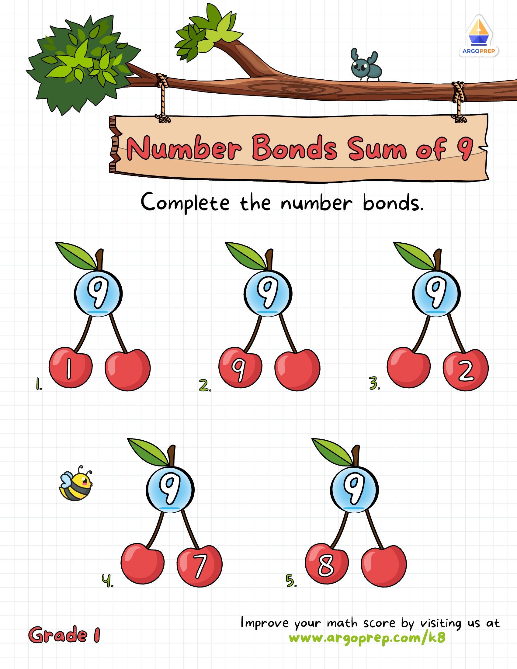 1st Grade Math Number Bonds Sum 9 Worksheets For Free ArgoPrep